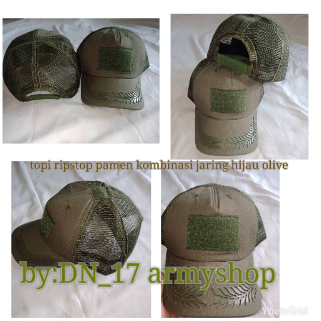 Topi Tactical Perekat Pamen Flocking/Rubber Ripstop Hijau Satpol-pp/Brimob Kombinasi Jaring