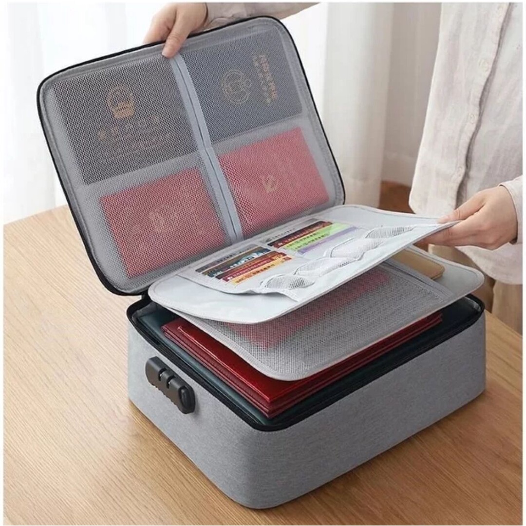 Tas Dokumen Tempat Penyimpanan File Travel Bag document Storage Box dengan Security Lock 3 Digit Pas