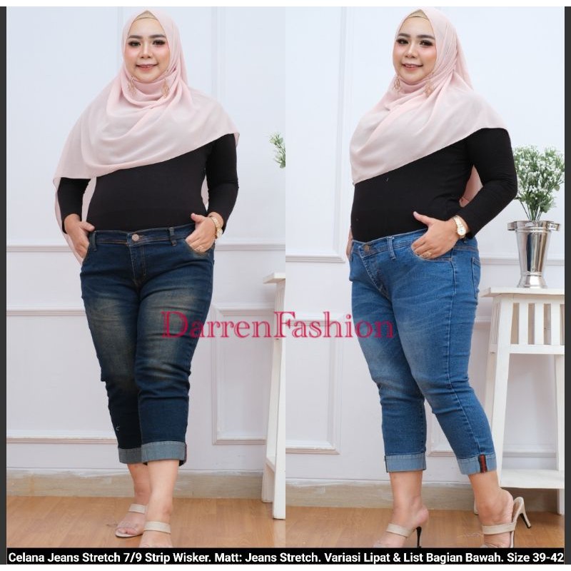 Celana 7/9 Wanita Jeans Stretch Wisker Jumbo Size 39-42 . Celana 7/9 Jeans Stretch Big Size Murah