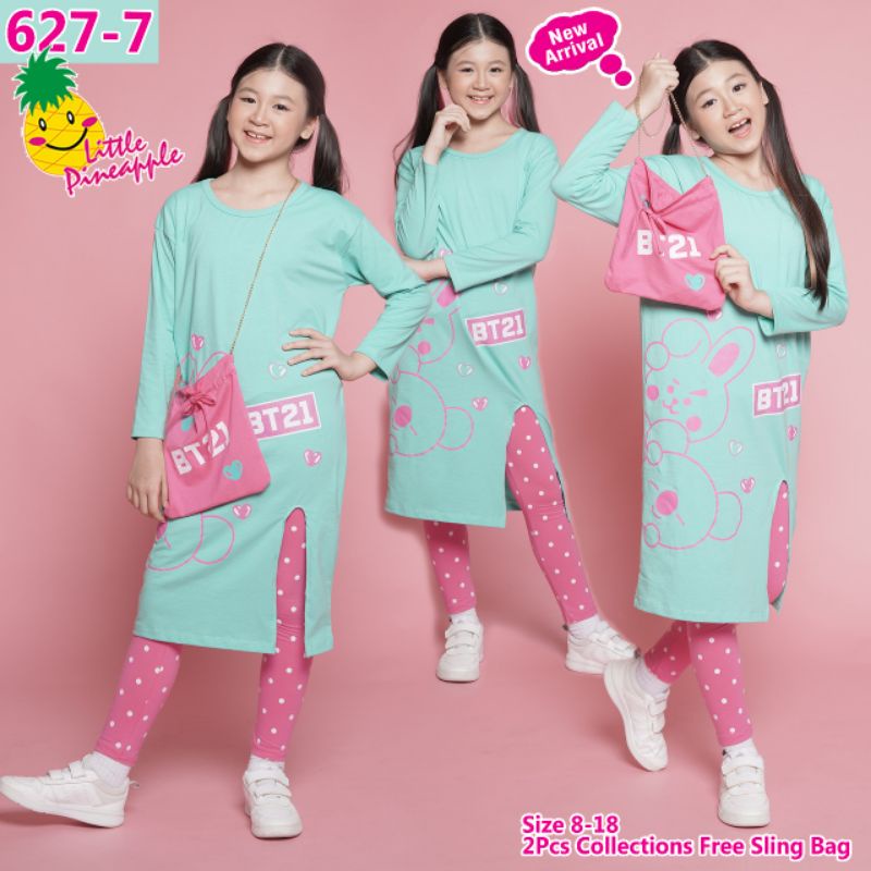 BAJU SETELAN LONG TUNIK BT21 ANAK TANGGUNG ABG CEWEK PEREMPUAN FASHION BRANDED MODIS KEKINIAN FREE T