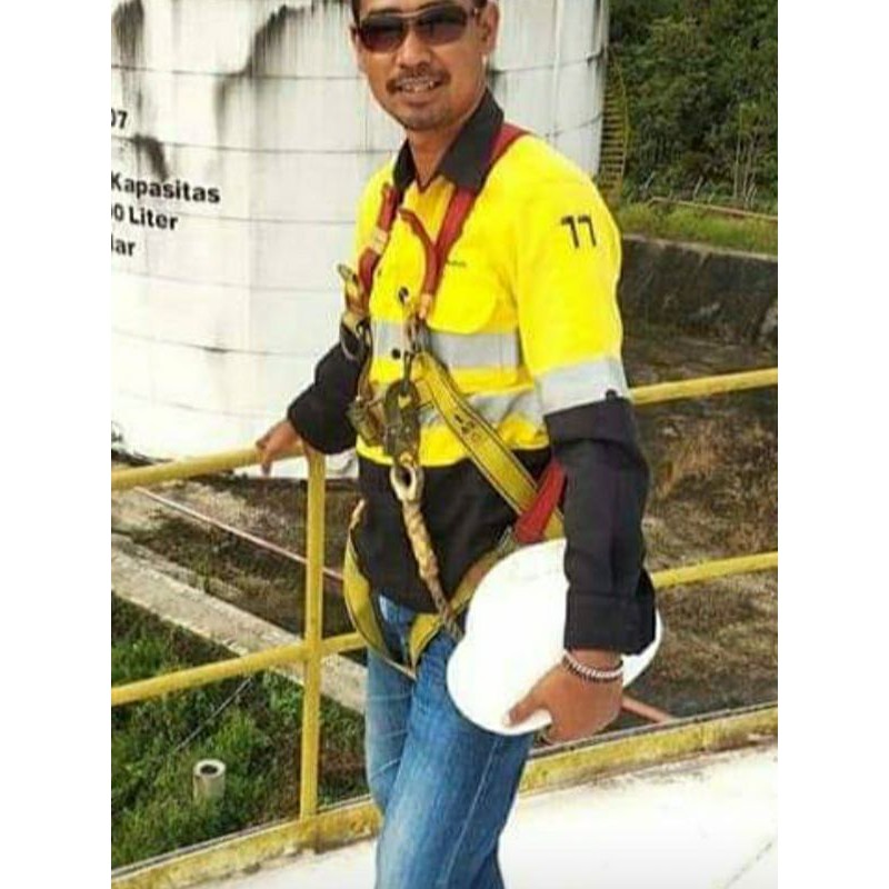 SERAGAM BAJU SAFETY ATASAN MODEL TAMBANG KUNING KOMBINASI DONGKER KANCING