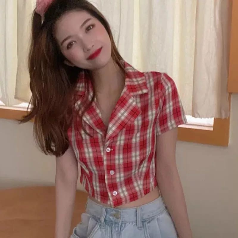 QR - ZEC Kemeja Crop Kotak / Kem Yurena Top / Shirt Crop / Korean Crop Shirt