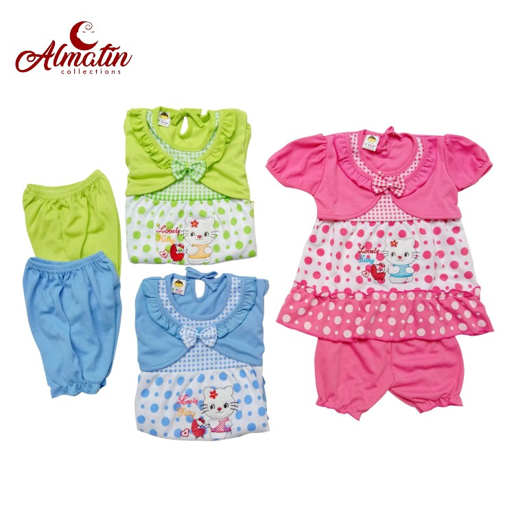 3 Stel Dress Rompi Bayi Motif Kitty / Baju Anak Bayi Dress lucu 3-12 Bulan ( 3 Pasang )