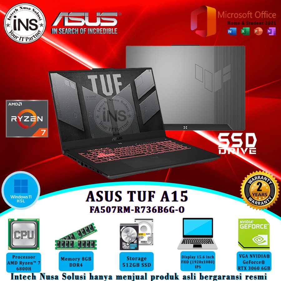 ASUS TUF A15 FA507RM Ryzen 7 6800H 16GB 512GB SSD VGA WIN11HSL OHS 21 2YR