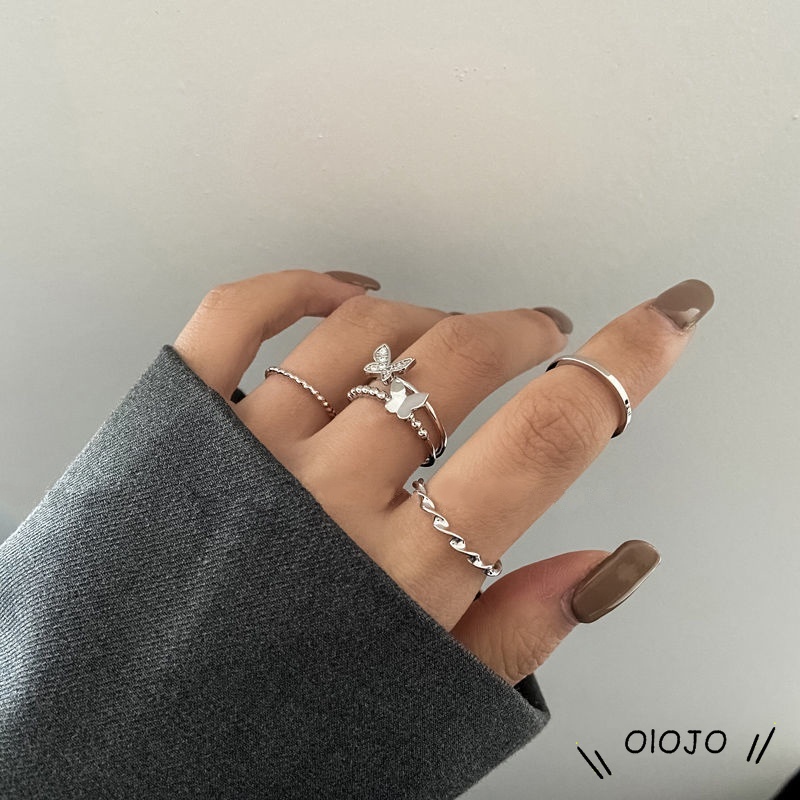 【COD】4 Pcs/set 925 Fashion Perak Cincin Set Kupu-kupu Berlian Imitasi Wanita Jari Cincin Perhiasan Aksesoris