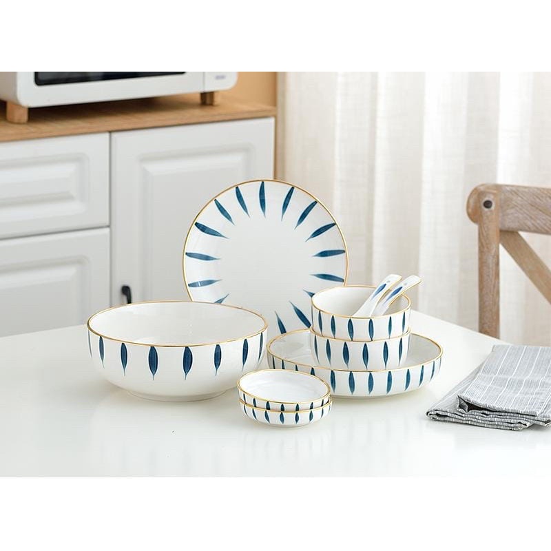 Piring set garis biru LIST GOLD isi 9pcs cocok buat hadiah free box