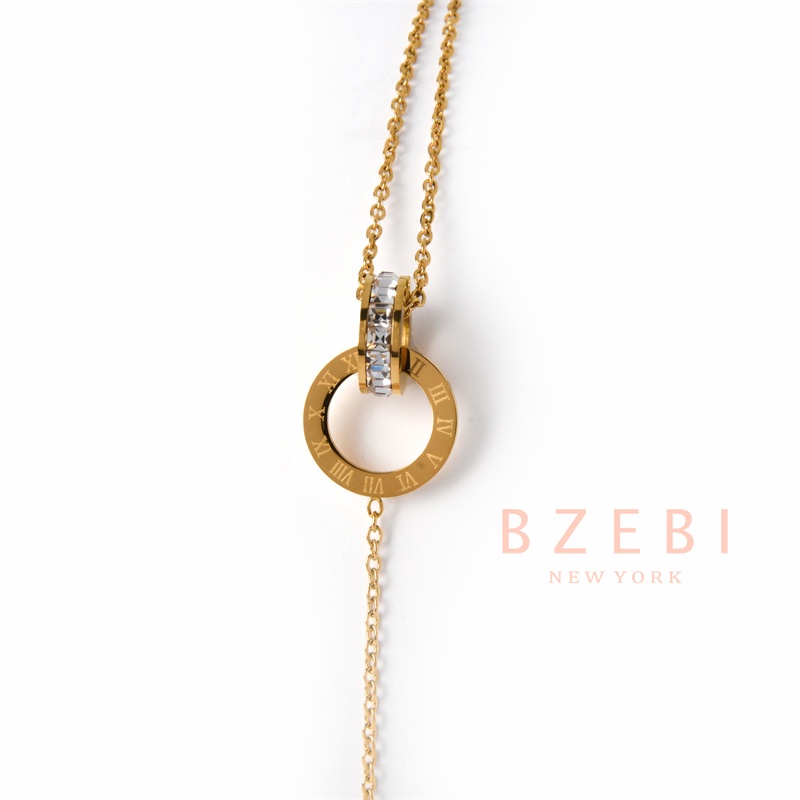 Bzebi Gelang Tangan Rantai Baja Titanium Lapis Emas 18k Aksen Berlian Angka Romawi Untuk Wanita 963b