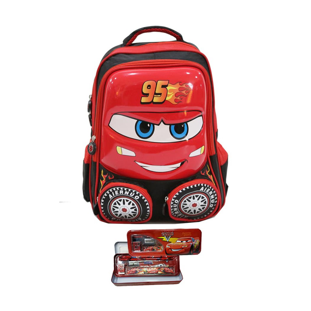 Tas Anak Ransel SD Import Cars McQueen 95 Soft Hard Cover+Kotak Pensil