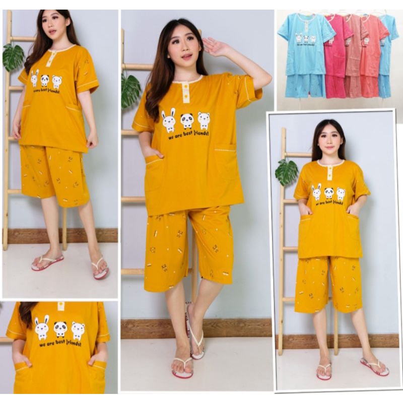 baju tidur Tessa wanita jumbo set 3/4 bahan katun adem
