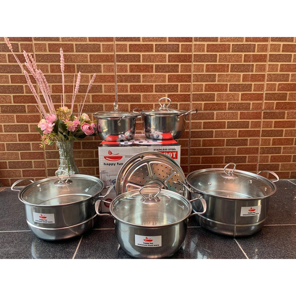 Panci Beranak Kukus Tutup Kaca Steamer 1 Set High Pot Happy Fun Stainless Steel