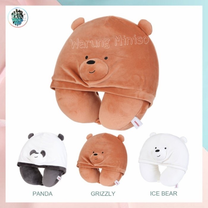Bantal Leher - Miniso We Bare Bears U Shaped Pillow With Hoodie Bantal Leher Lucu