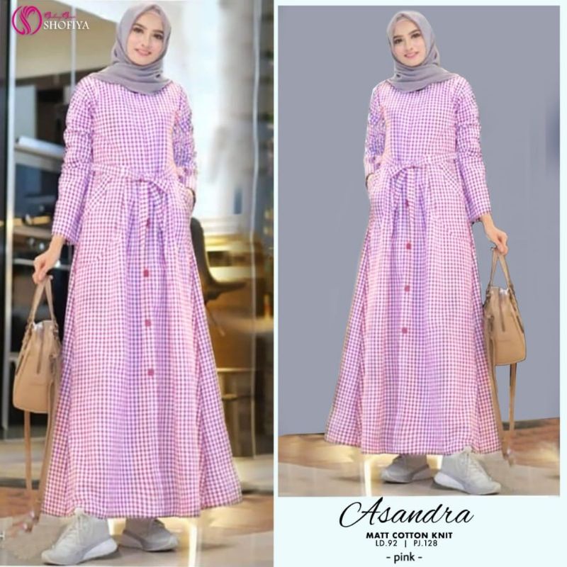Asandra Midi Dress Gamis Motif Kotak Pakaian Busana Wanita Muslimah Islami Bagus Elegant Keren Kekinian Murah Berkualitas