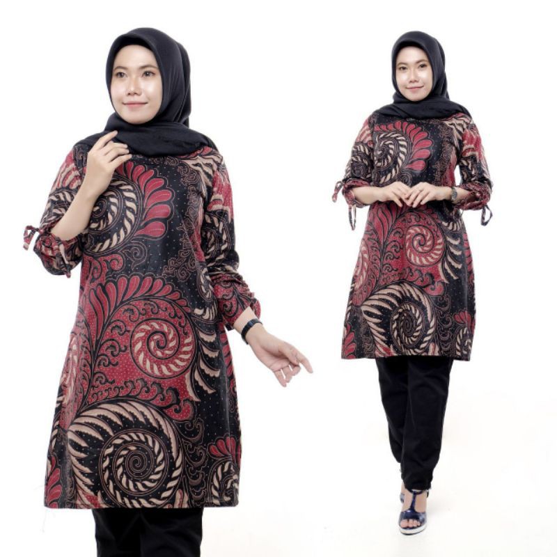 Maura Couple - Sania Ruffle Batik Couple Ori Ndoro Jowi Garansi Termurah Shopee - BATIK MODERN SOLO-Tunik puser merah