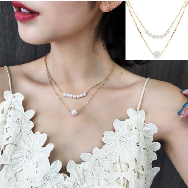 Kalung Wanita Double Layer Rantai Hias Mutiara Tumpuk Korean Style