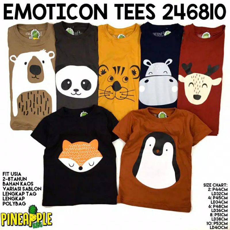 Kaos Anak Tee Emoticon Pineapple Motif Animal Atasan Cowok Cewek