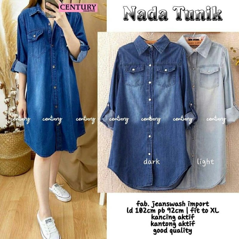Nada Tunik warna dark light blue biru terang gelap long tunic cewek bahan Jeans wash kancing terbaru