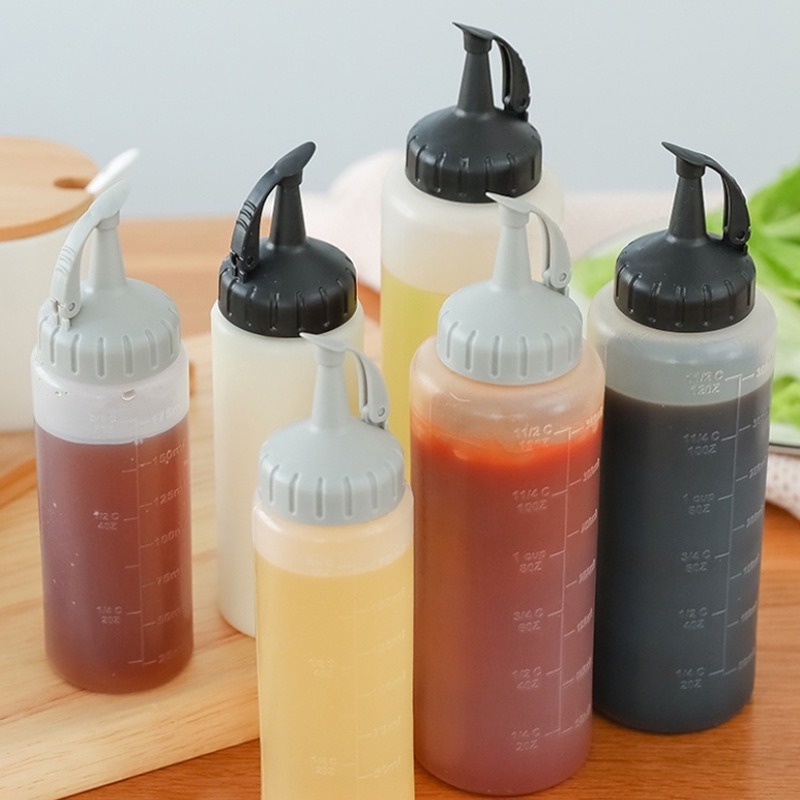 175/350ml Kitchen Squeeze Seasoning Bottles With Scale / Transparent Squeeze Sauce Honey Salad Bottle Dispenser