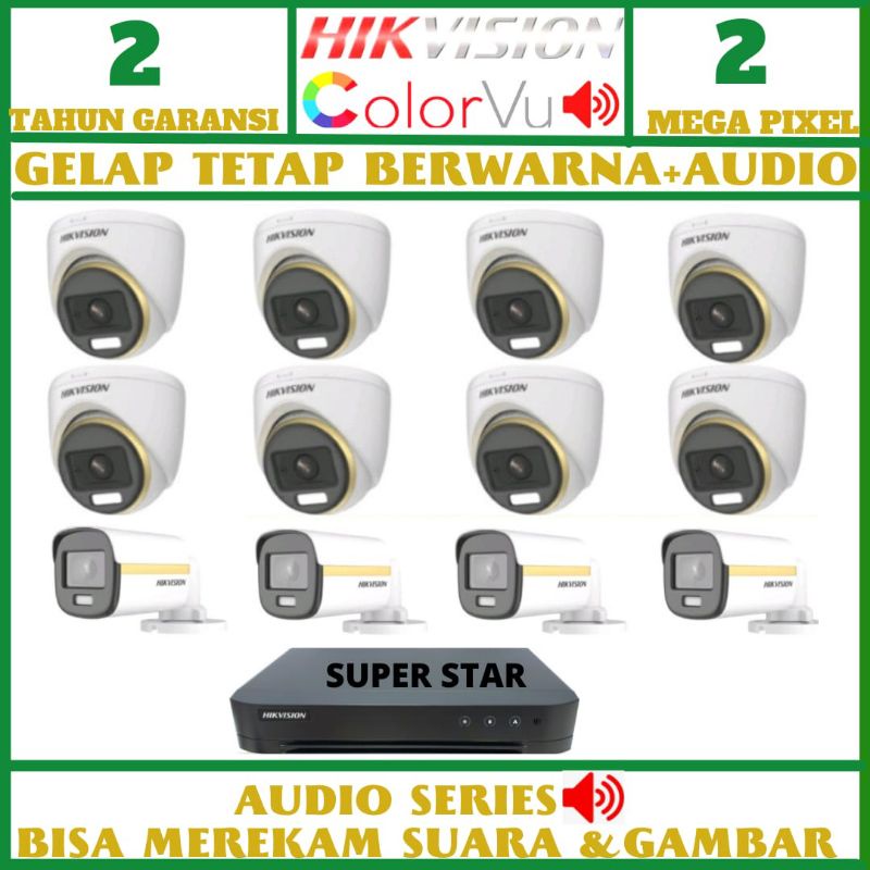 PAKET CCTV HIKVISION COLOR VU 16 CHANNEL 12 KAMERA 2MP AUDIO GELAP TETAP BERWARNA