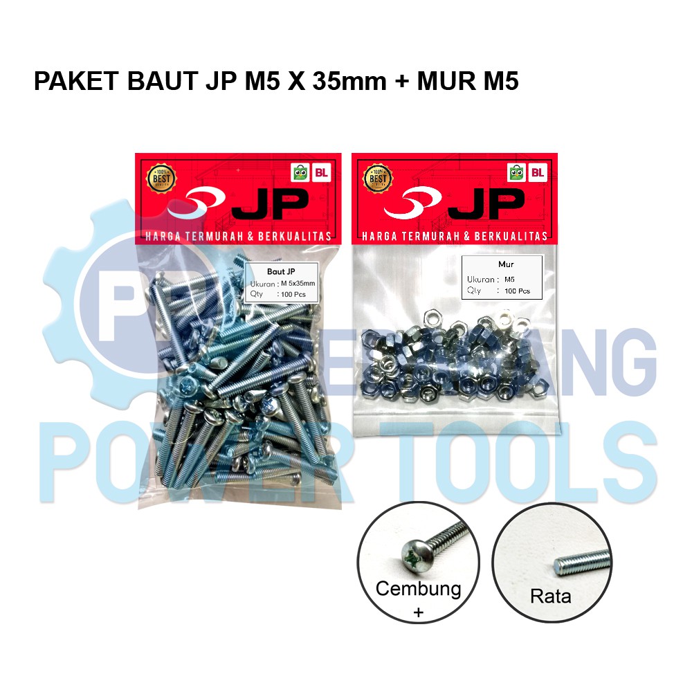 PAKET 2 SET BAUT MUR 5x35 BAUT JP M 5 x 35 MM MUR M5 SKRUP ISI 100 PCS