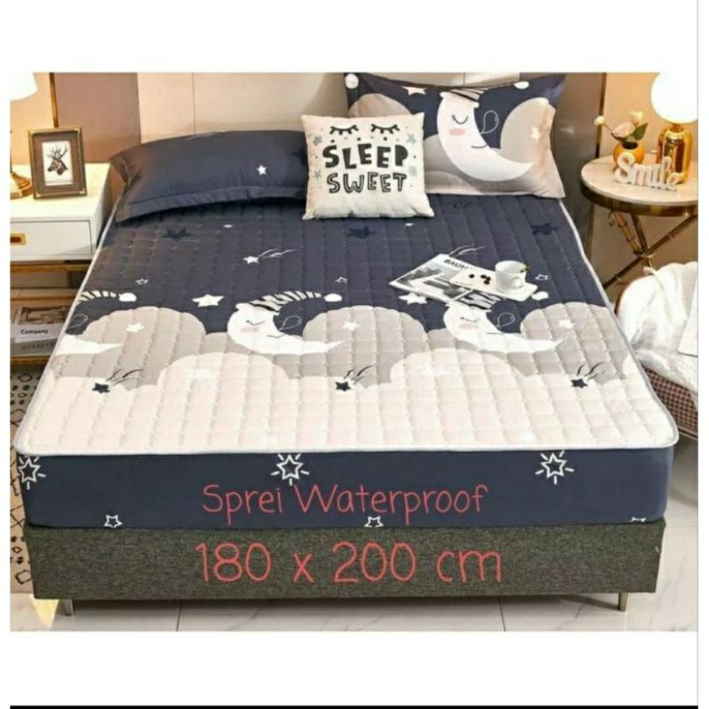 Sprei Sultan Waterproof anti ompol anti tahan air size 180x200 Seprei Adem full Karet-Sprei Navy Moon Sabi