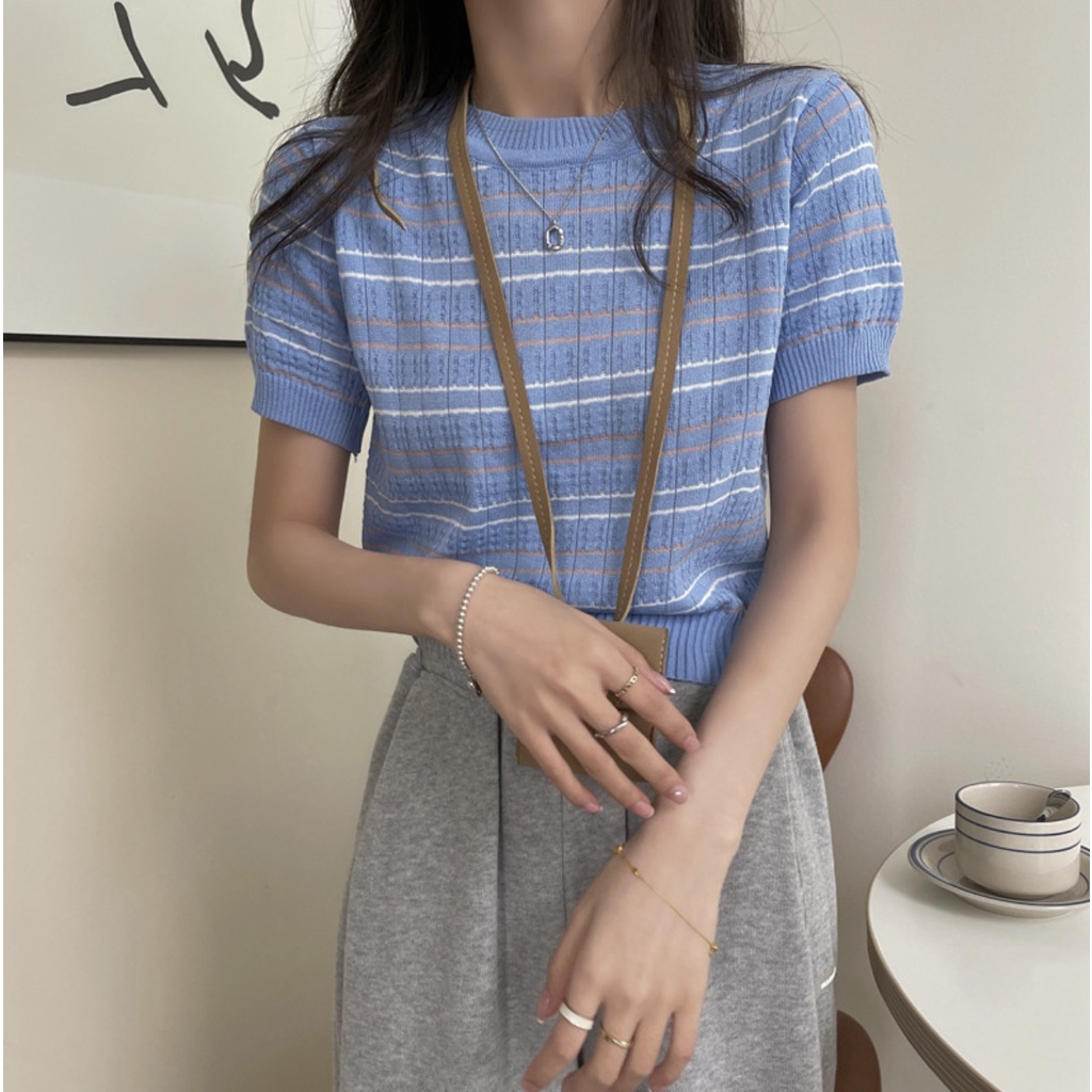 Super66 Baju Atasan Wanita Korean Knit Crop Top/ Korean Stripped/ stripped short sleeve