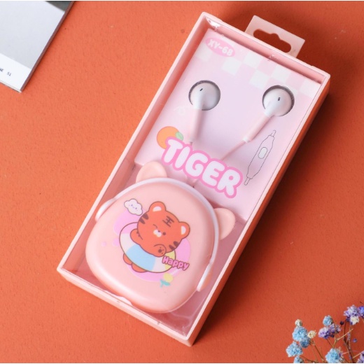 [XY-68] Set Headset Earphone TIGER Earphones / Wadah Earphone Kartun Animal Harimau Lucu / Earphone Karakter Hewan TIGER