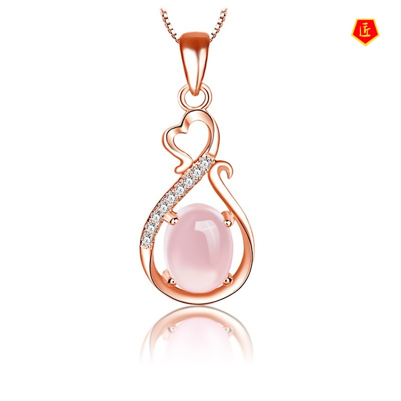 [Ready Stock]Korean Necklace Ross Quartz Pink Crystal Fashion Heart-Shaped Women's Pendant