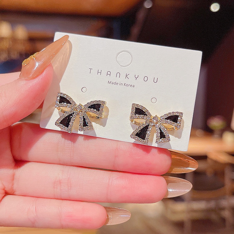 Shuling S925 silver needle Korean version Black Bow Earrings Female Stud Earrings Sweet Women Earrings