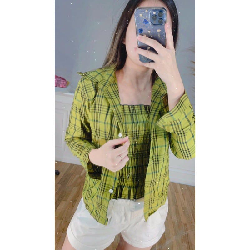 VTZEN - ZEC Set MAFI 2in1 / Lionaka Set / Kemeja Kotak-Kotak Tanktop Kerut Korean Fashion Style