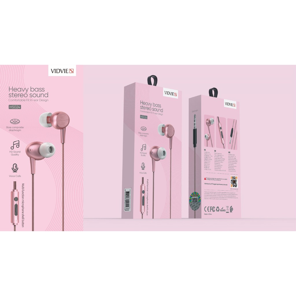 Earphone vidvie s wired 3.5mm stereo bass with microphone for phone laptop pc hs-024 hs024 - in ear earbuds