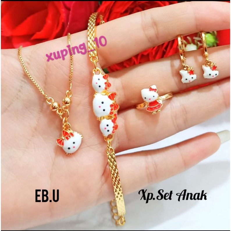 Set perhiasan Anak-anak hellokitty merah,gold tidak karat (COD)