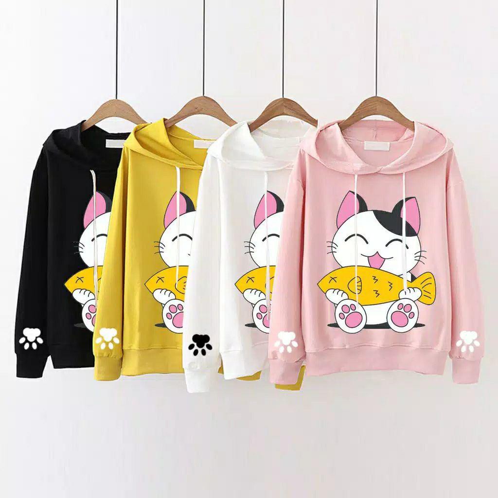 Atasan Hoodie Anak Remaja Kucing Ikan | Sweater Anak Tanggung | Baju Anak Perempuan | Pakaian Anak