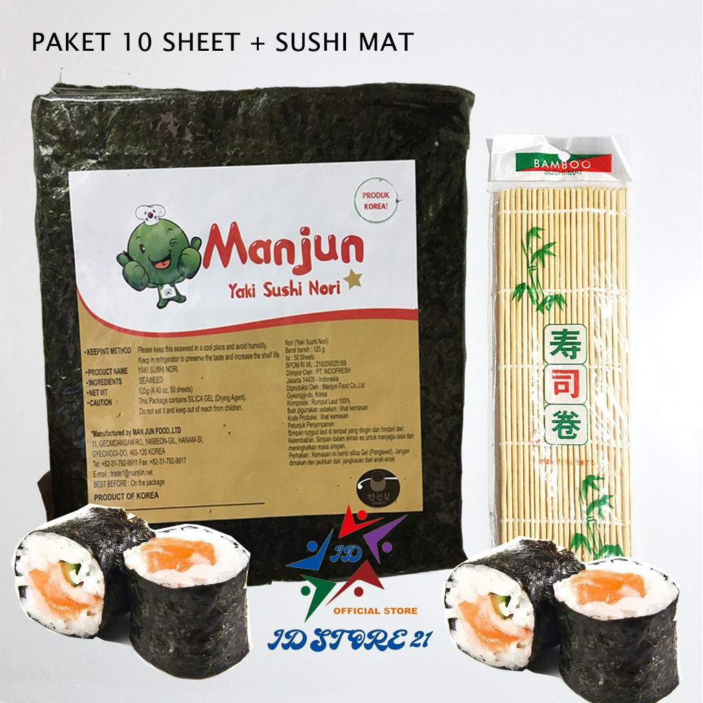 HALAL Manjun Nori Halal Sushi PAKET 10 Lembar dan Bambu Sushimat Nori Yaki Rumput Laut Gimbap