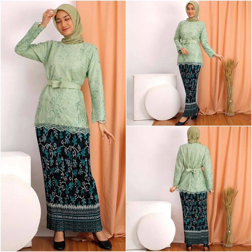 (DIJAMIN REALPICT) Kebaya Manohara Tile Bordir Glitter + Mutiara Tunik Wisuda Kondangan Rok Plisket-7