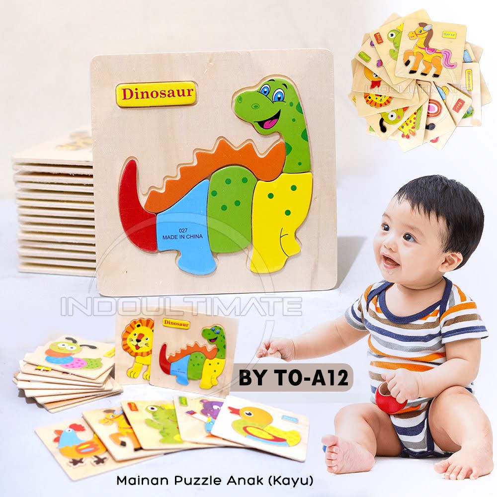 Mainan Puzzle Kayu TO-A12 tebal AMAN Besar & Kecil lucu Mainan Edukasi Edukatif genggam motorik Anak bayi balita Kids toys murah bagus-(A12) DINOSAUR