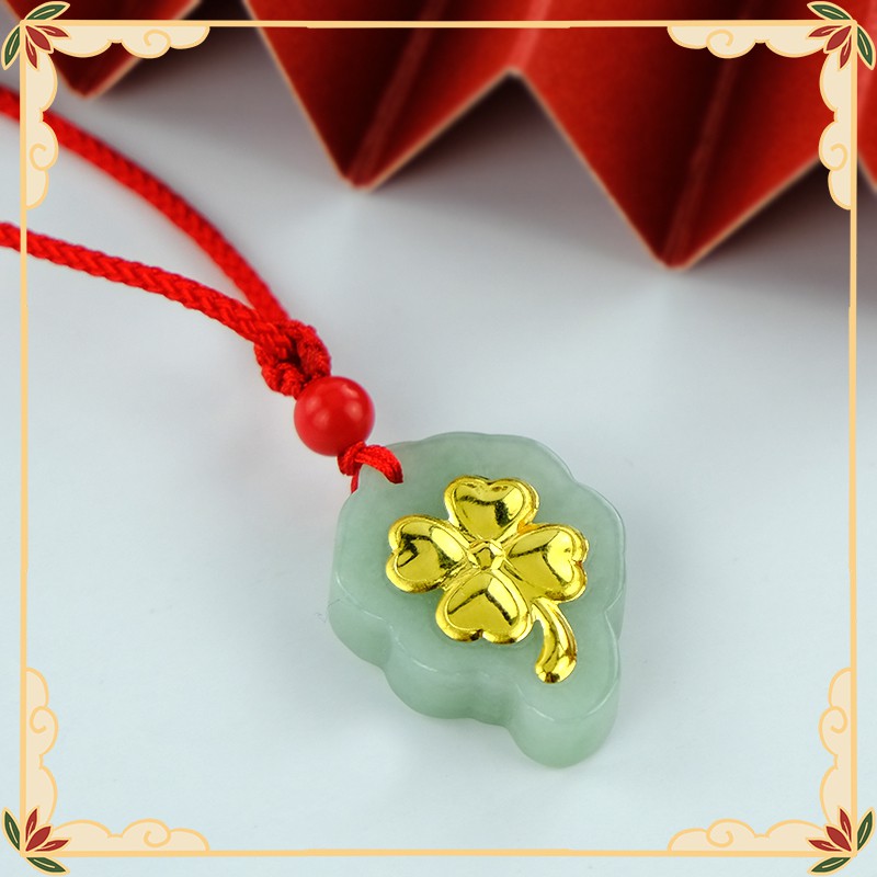 liontin emas 24k Semanggi kalung liontin giok asli tali buatan tangan kalung liontin pria wanita