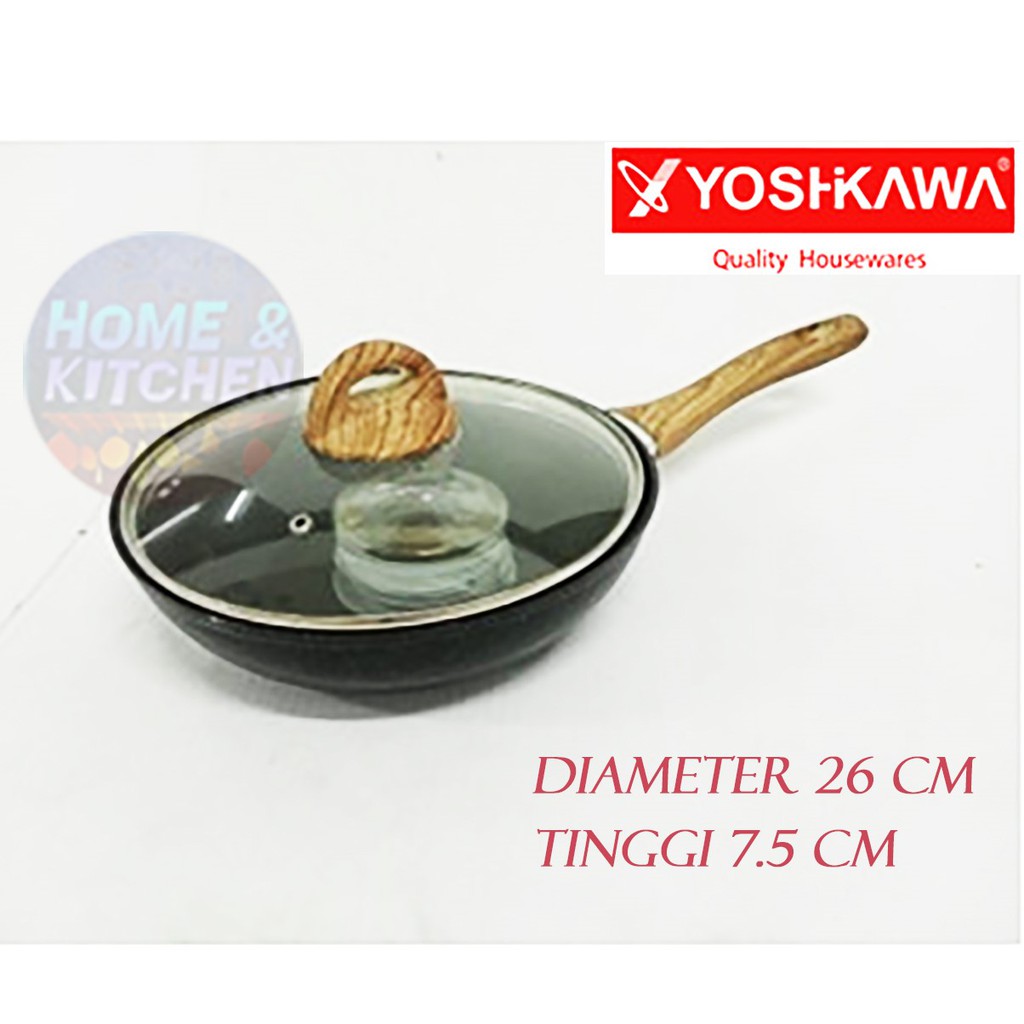 Wok Pan Marble Yoshikawa 26 cm 28 cm 30 cm Induksi Gagang Kayu Tutup Kaca