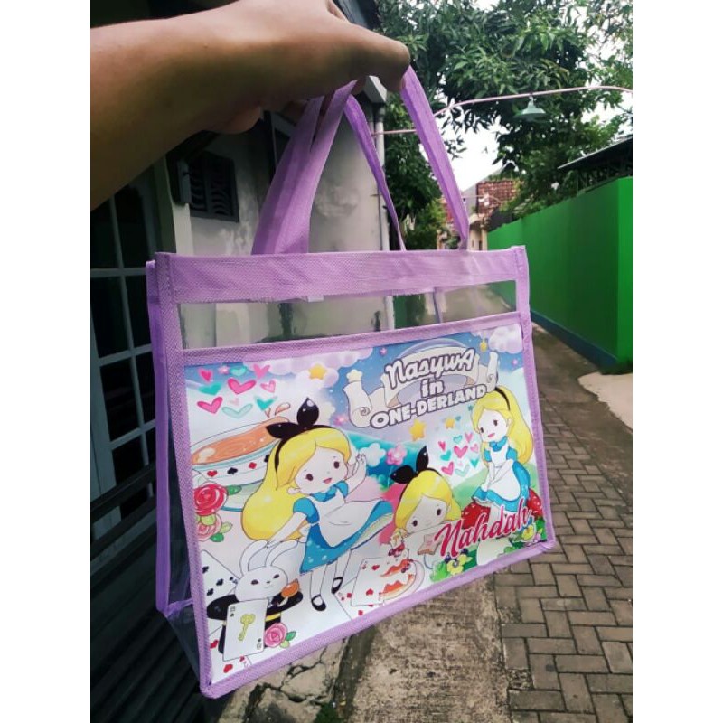 

30x25x10 Tas Mika Kantong tanpa min order, Free Desain, free nama teman2 (mika 0.25 GSM)