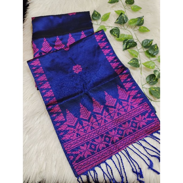 Songket Silungkang biru motif pink