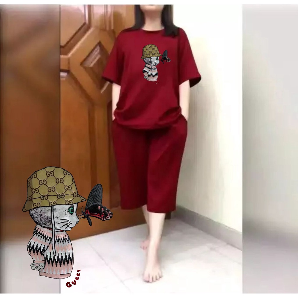 Setelan Wanita JUMBO + Celana Kulot 3/4 Big Size Fit XXL Motif Kucing