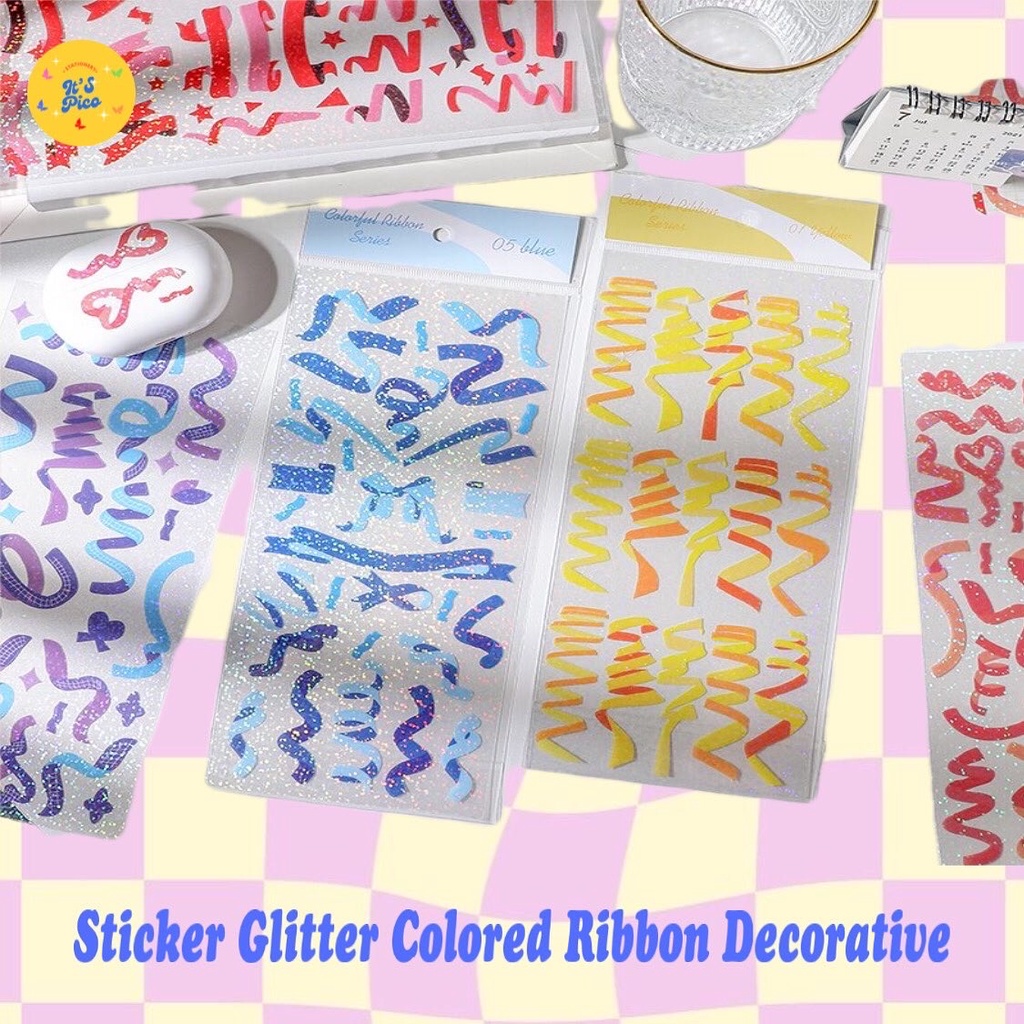 (ItsPico) 1 Sheet PVC Glitter Ribbon Sticker Toploader Decorative