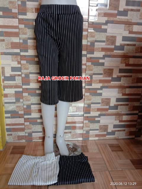 Celana Kulot Pendek 7/8 Dewasa Motif Salur Kalem Bahan Waffle/Crepe