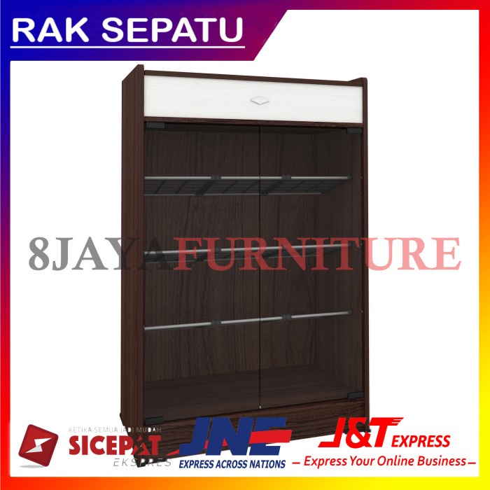 Lemari Sepatu Sendal Minimalis SR 80 Jati Kaca 2 Pintu Rak Kayu Atas - JATI