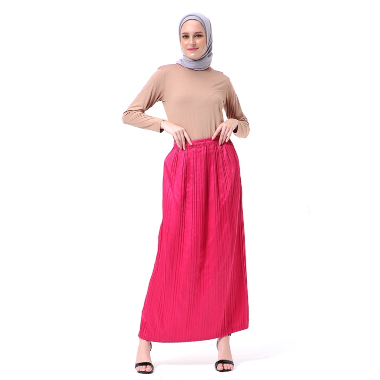 Angely Rok Plisket Rubbery Waist Fashion Wanita Simple - Pink Fanta