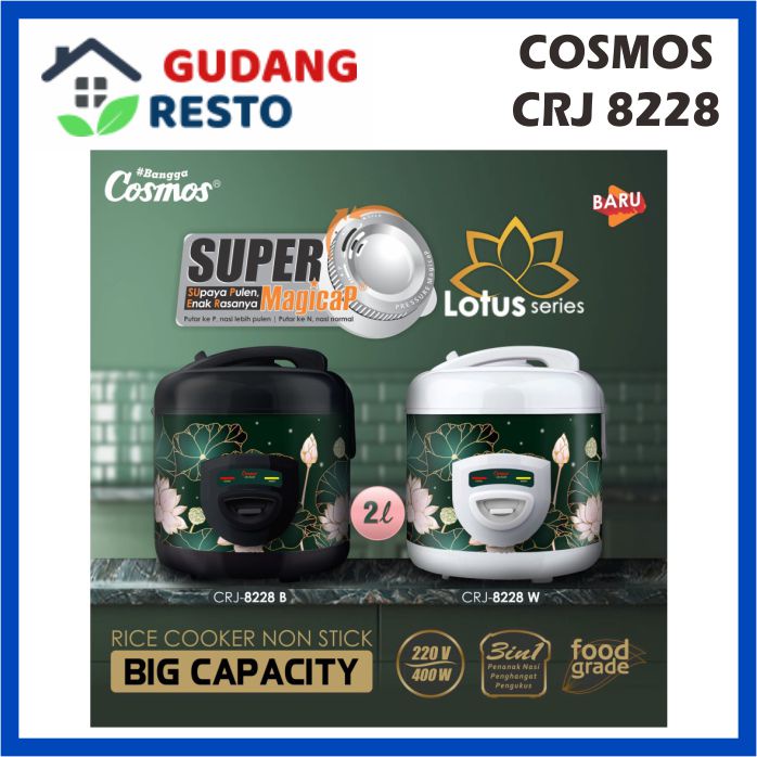 COSMOS RICE COOKER CRJ 8228 B W LOTUS SERIES MAGIC COM 2 L CRJ8228  2,0 LITER PENANAK NASI ANTI LENGKET 3 IN 1 HITAM PUTIH