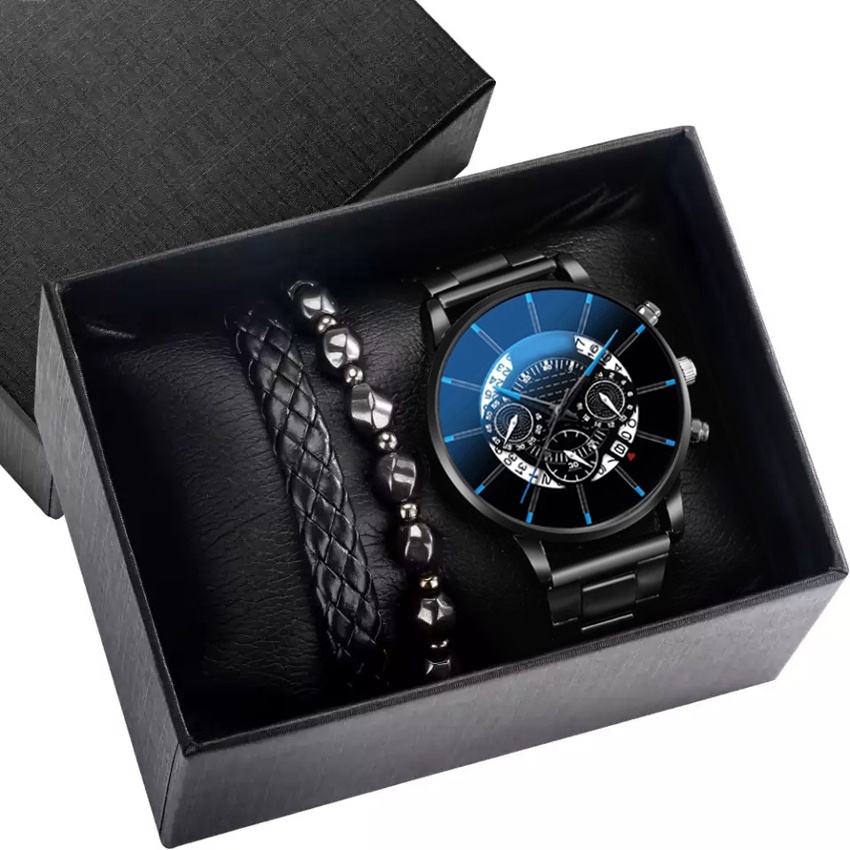 Jam Tangan Pria Gelang Set - Jam Tangan Kado - Jam Tangan Pria Kasual - Jam Tangan Pria Anti Air EL9090-VAR 1 SAN