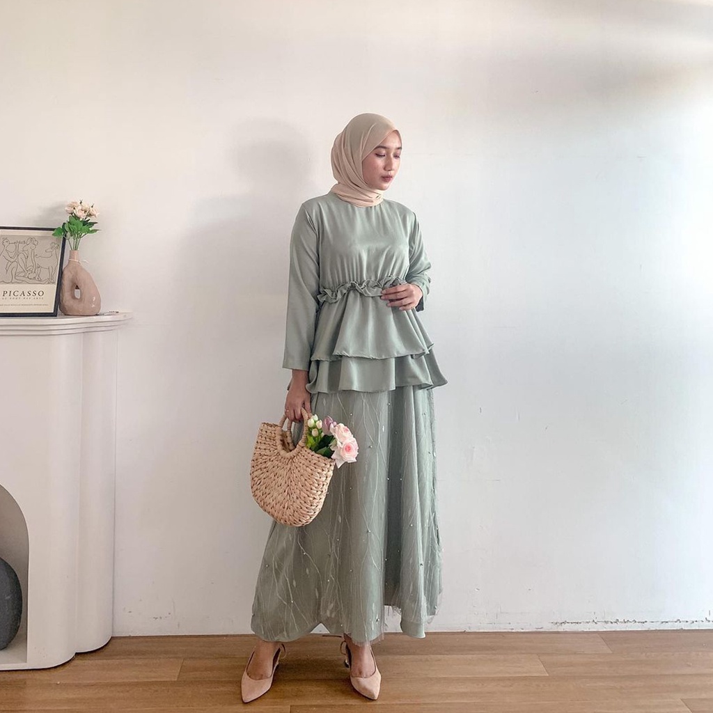 Ghania Dress Kondangan Tulle Mutiara / Dress Bridesmaid Maxi Brukat Modern / Baju Kondangan Wanita / Outfit Wanita Kekinian / Gamis Brukat Pesta Kondangan / Baju Wisuda Terbaru