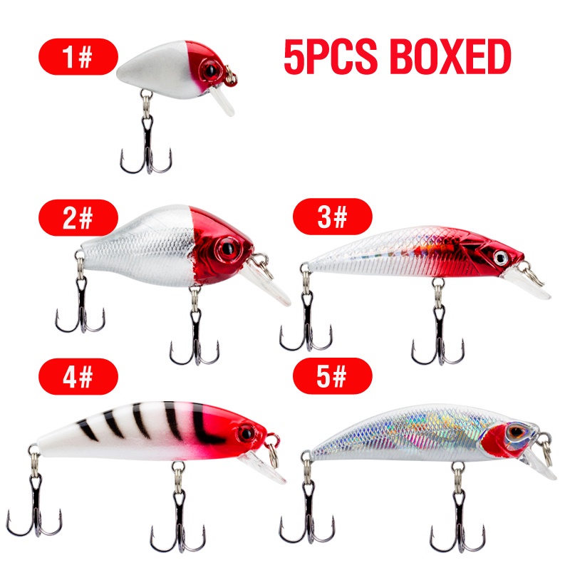 5pcs / Kotak Umpan Pancing Hard Bait Bentuk Ikan Kecil Mata 3D 5 Warna 3 / 5.5 / 5.6 / 5.5 / 5.9cm