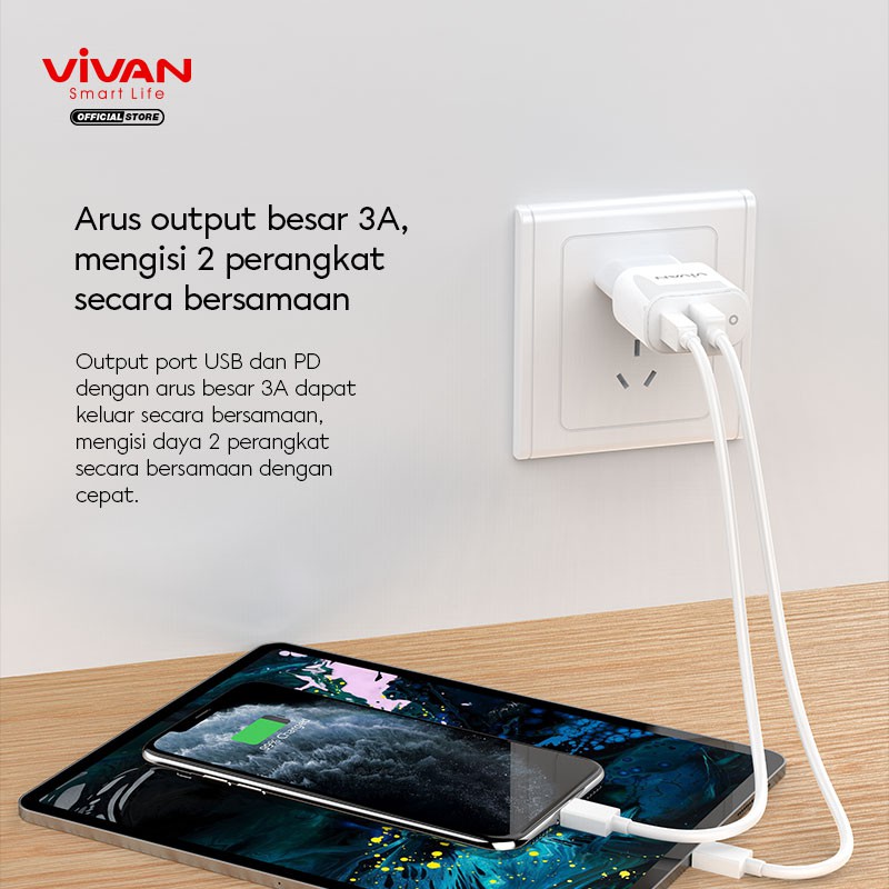 Charger VIVAN Power Super II 18W 3A Quick Charging Fast Charging QC 3.0 + Type C Port PD POWER DELIVERY Smart Protection PLUS KABEL USB TYPE C - Garansi Resmi 1 Tahun