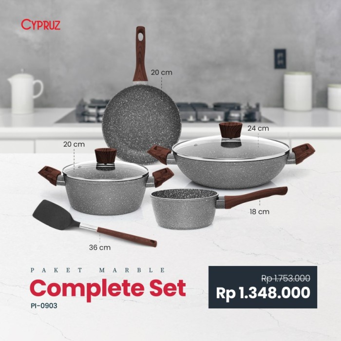 Cypruz Marble Complete Set 7 Frypan Wokpan Saucepan Saucepot PI-0903
